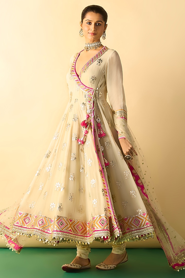Ivory Georgette Geometric Embroidered Wedding Anarkali Set by Gopi Vaid at Pernia's Pop Up Shop