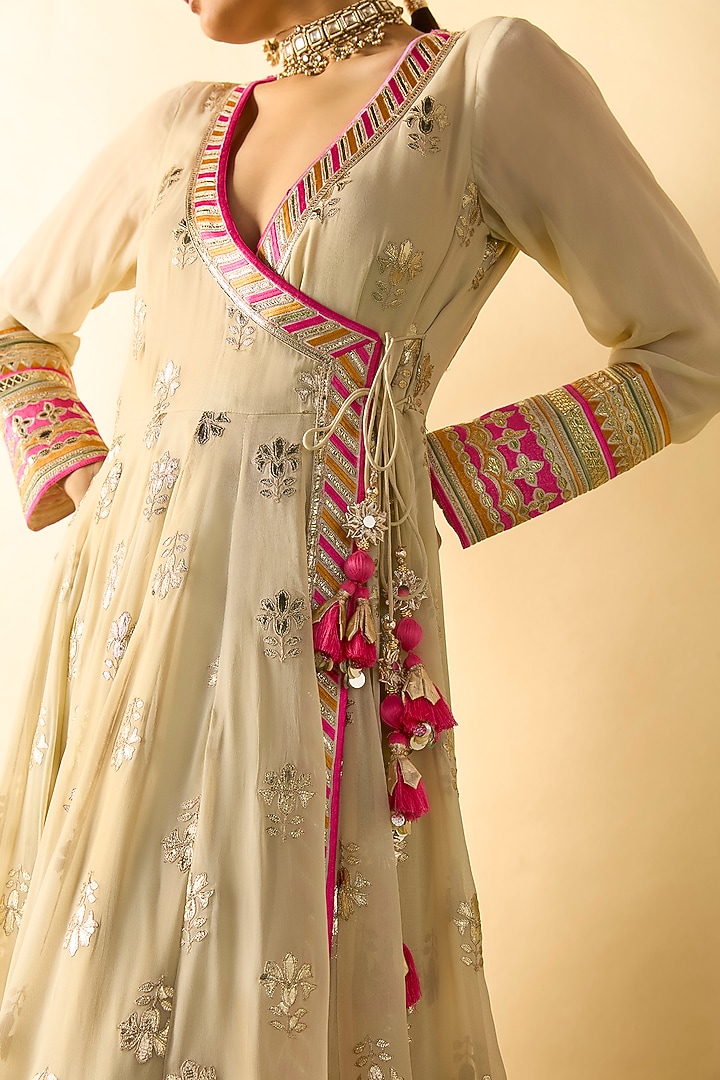 Ivory Georgette Geometric Embroidered Wedding Anarkali Set by Gopi Vaid at Pernia's Pop Up Shop