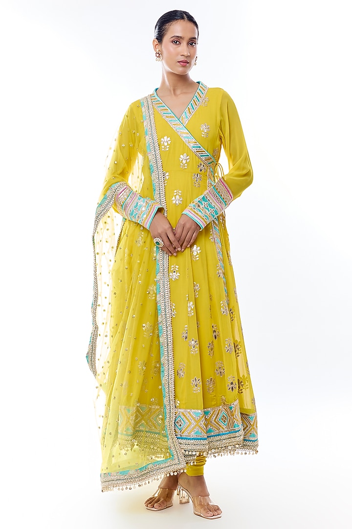 Yellow Georgette Golden Stripe Embroidered Wedding Anarkali Set by GOPI VAID at Pernia's Pop Up Shop