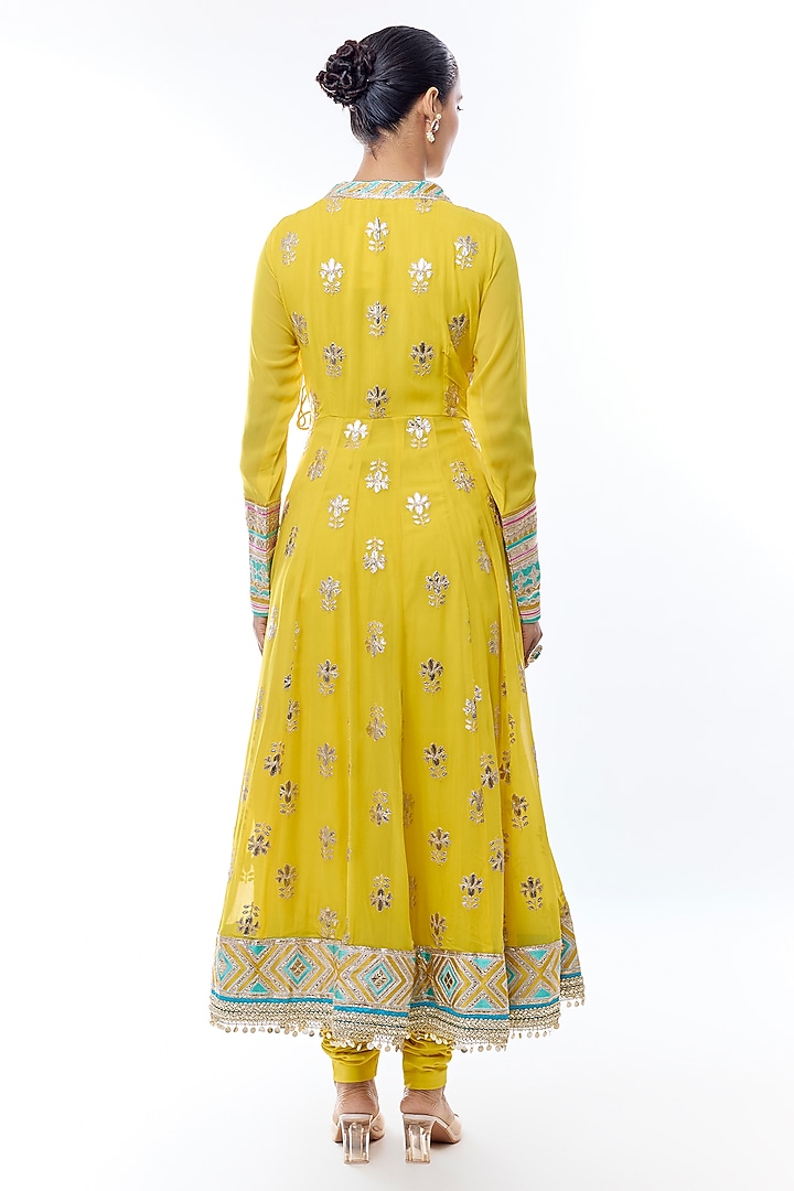 Yellow Georgette Golden Stripe Embroidered Wedding Anarkali Set by GOPI VAID at Pernia's Pop Up Shop