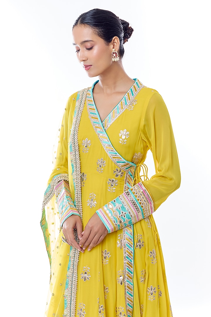 Yellow Georgette Golden Stripe Embroidered Wedding Anarkali Set by GOPI VAID at Pernia's Pop Up Shop