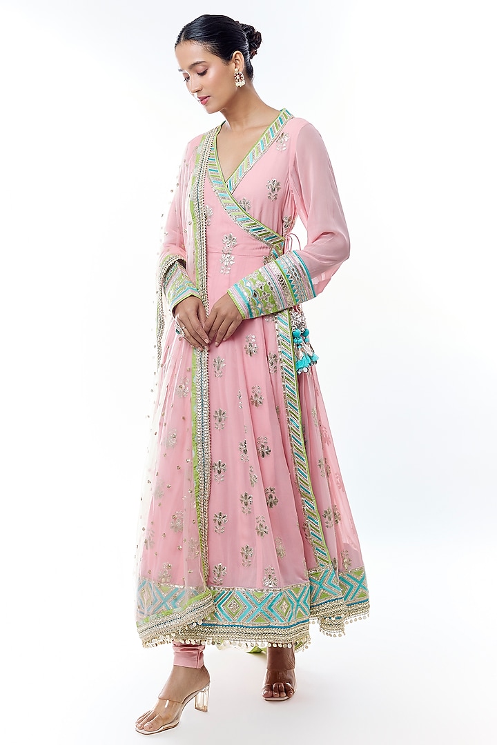 Pink Georgette Golden Stripe Embroidered Wedding Anarkali Set by GOPI VAID at Pernia's Pop Up Shop