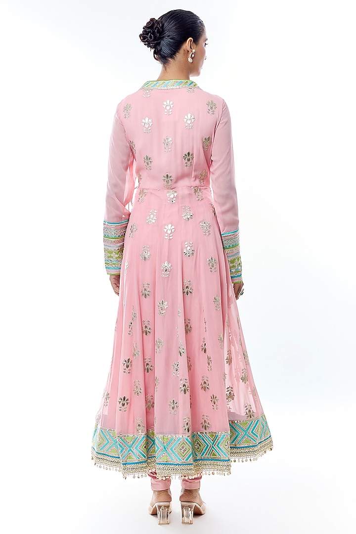 Pink Georgette Golden Stripe Embroidered Wedding Anarkali Set by GOPI VAID at Pernia's Pop Up Shop