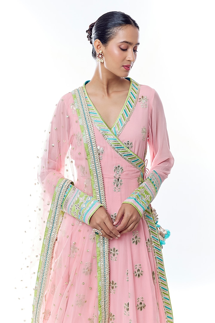 Pink Georgette Golden Stripe Embroidered Wedding Anarkali Set by GOPI VAID at Pernia's Pop Up Shop