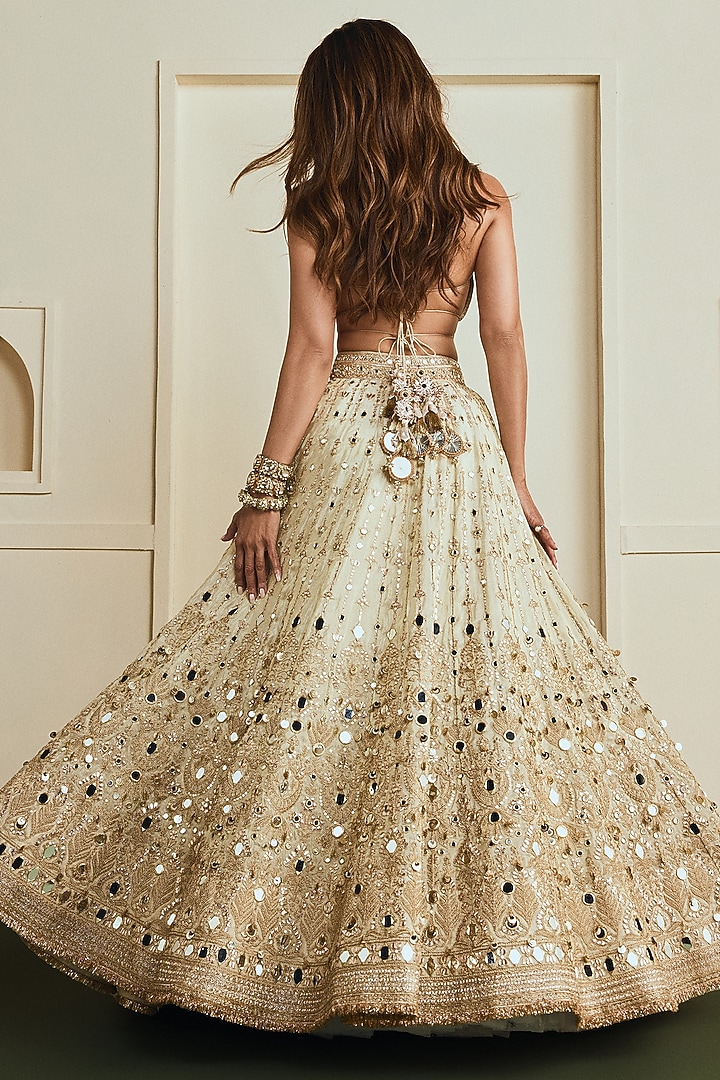 Gold Pure Tissue Mirror Embellished Bridal Bridal Lehenga Set by GOPI VAID at Pernia's Pop Up Shop