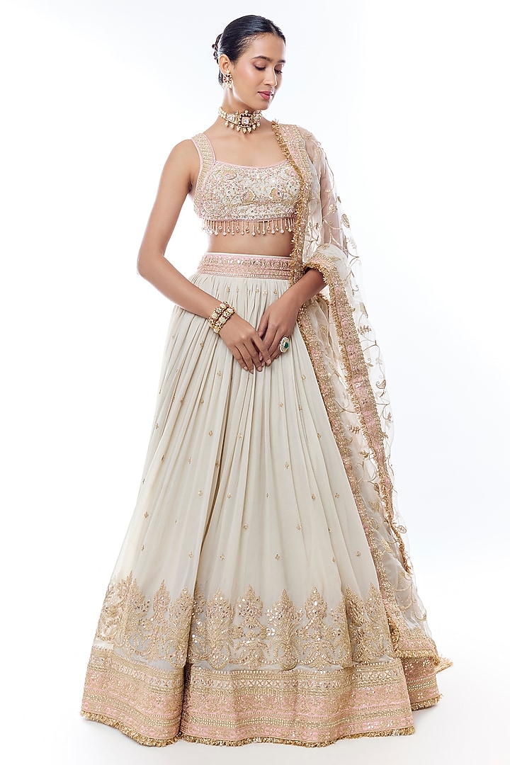 Ivory Georgette Embroidered Wedding Lehenga Set by GOPI VAID at Pernia's Pop Up Shop