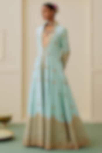 Ice Blue Tussar Gold Embellished Bridal Anarkali Set by GOPI VAID at Pernia's Pop Up Shop