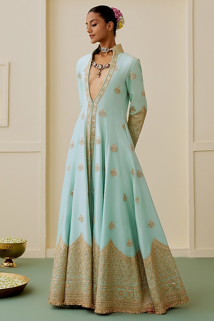 Ice Blue Tussar Gold Embellished Bridal Anarkali Set by GOPI VAID at Pernia's Pop Up Shop
