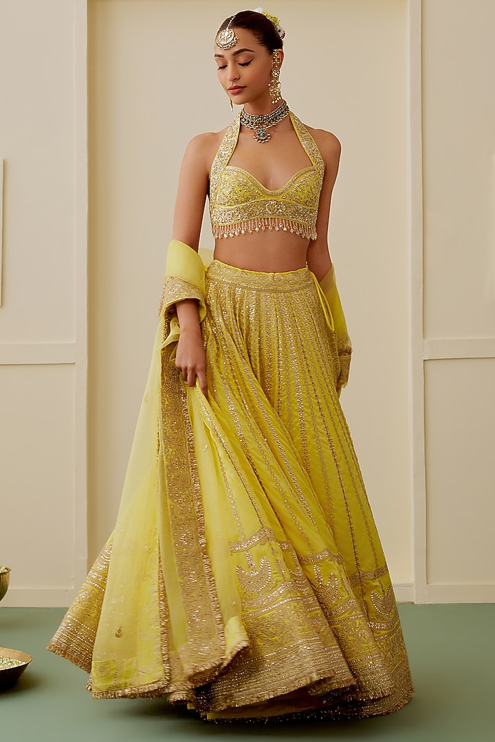Yellow Tussar Embellished Bridal Bridal Lehenga Set by GOPI VAID at Pernia's Pop Up Shop