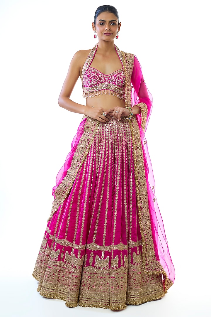 Rani Pink Tussar Embroidered Bridal Lehenga Set by GOPI VAID at Pernia's Pop Up Shop
