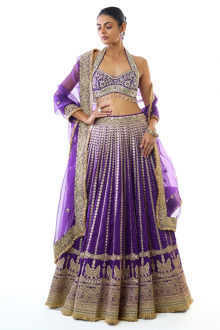 Purple Tussar Embroidered Bridal Lehenga Set by GOPI VAID at Pernia's Pop Up Shop