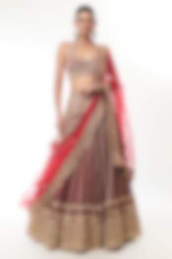 Red Tussar Embroidered Bridal Lehenga Set by GOPI VAID at Pernia's Pop Up Shop