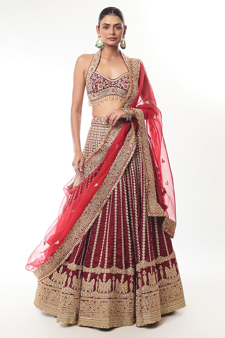 Red Tussar Embroidered Bridal Lehenga Set by GOPI VAID at Pernia's Pop Up Shop