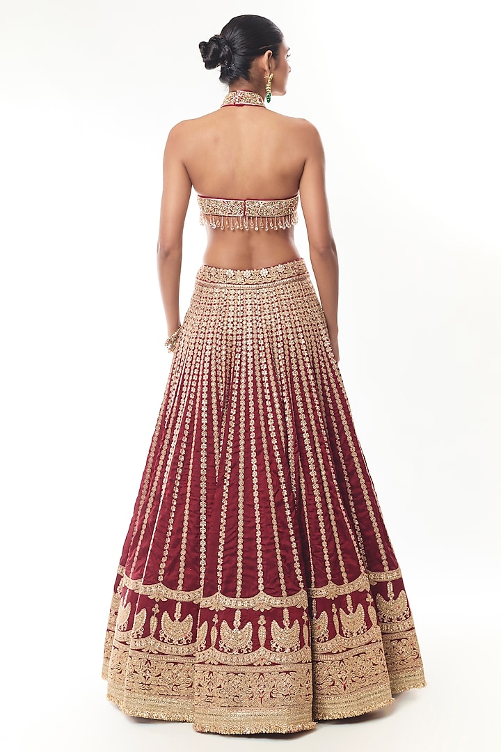 Red Tussar Embroidered Bridal Lehenga Set by GOPI VAID at Pernia's Pop Up Shop