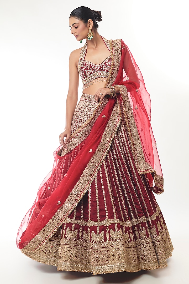Red Tussar Embroidered Bridal Lehenga Set by GOPI VAID at Pernia's Pop Up Shop
