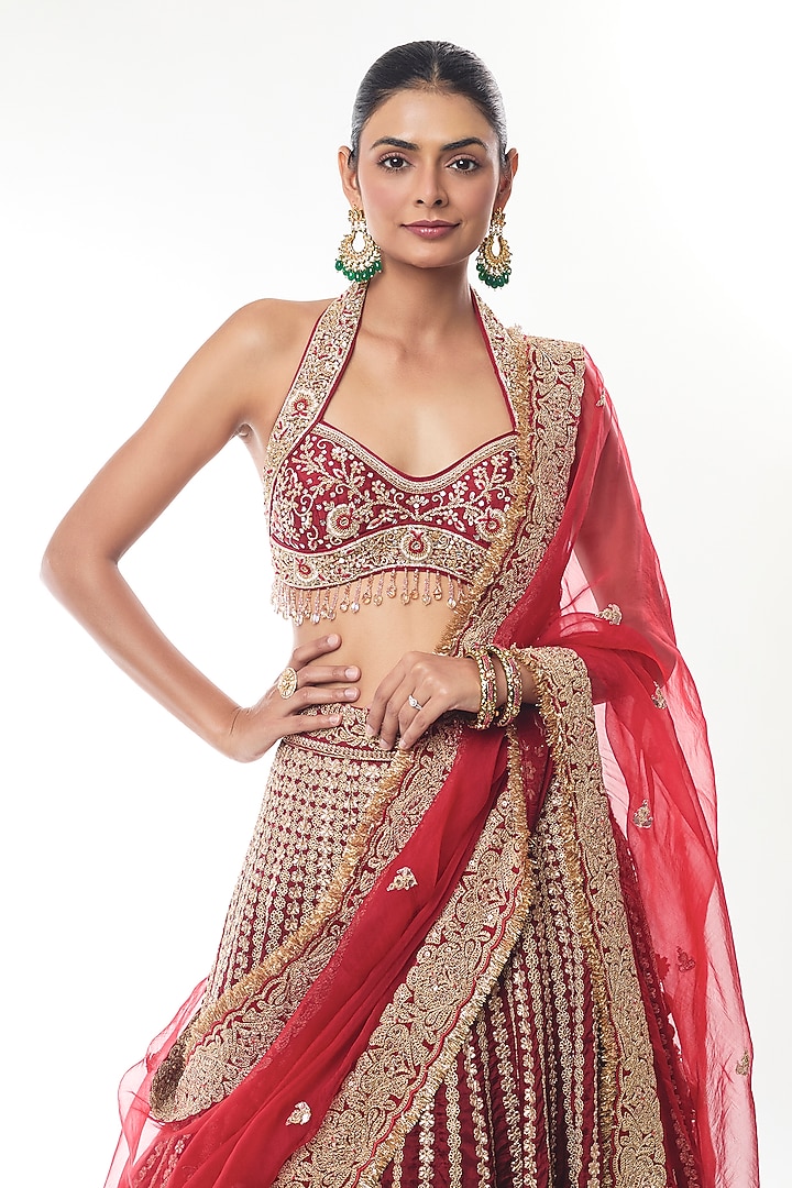 Red Tussar Embroidered Bridal Lehenga Set by GOPI VAID at Pernia's Pop Up Shop