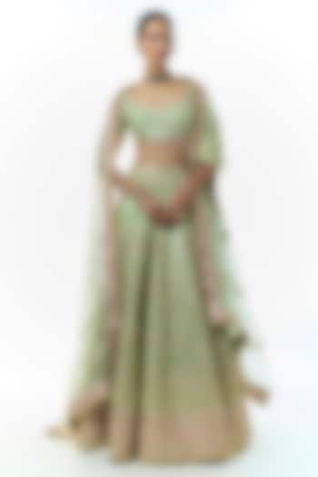 Pista Green Tussar Hand Embroidered Bridal Lehenga Set by Gopi Vaid at Pernia's Pop Up Shop
