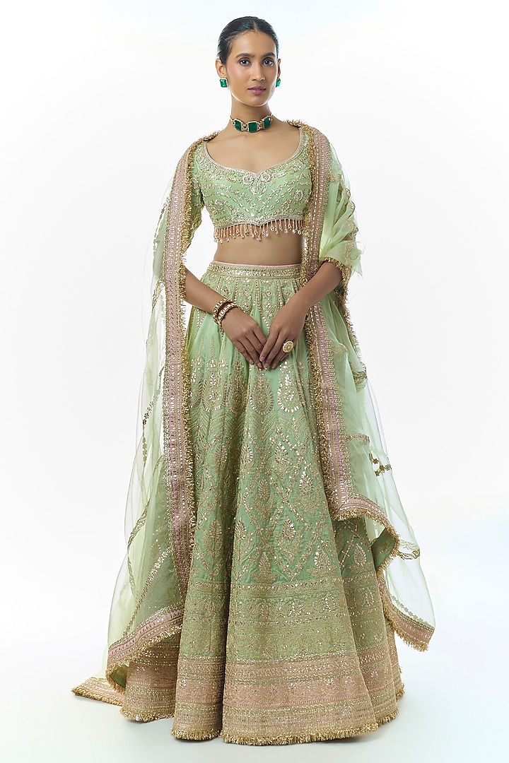 Pista Green Tussar Hand Embroidered Bridal Lehenga Set by Gopi Vaid at Pernia's Pop Up Shop