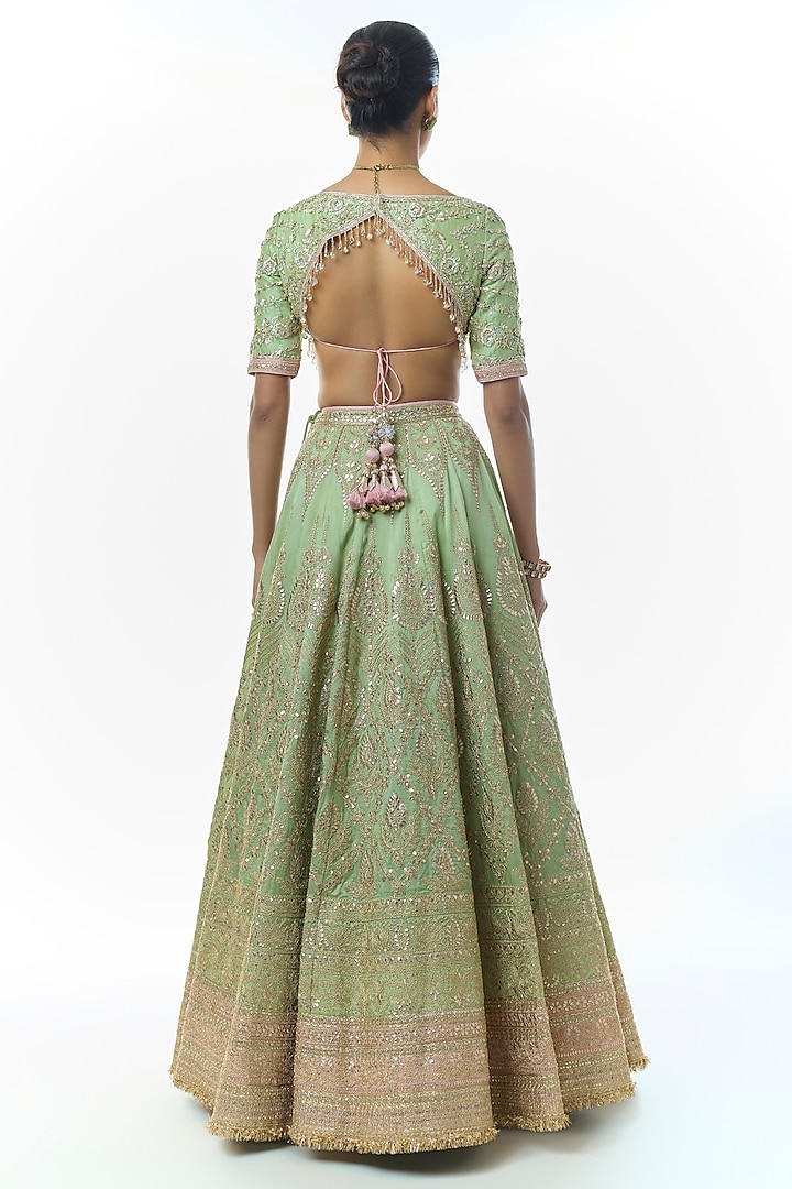 Pista Green Tussar Hand Embroidered Bridal Lehenga Set by Gopi Vaid at Pernia's Pop Up Shop