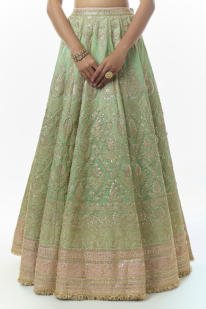 Pista Green Tussar Hand Embroidered Bridal Lehenga Set by Gopi Vaid at Pernia's Pop Up Shop