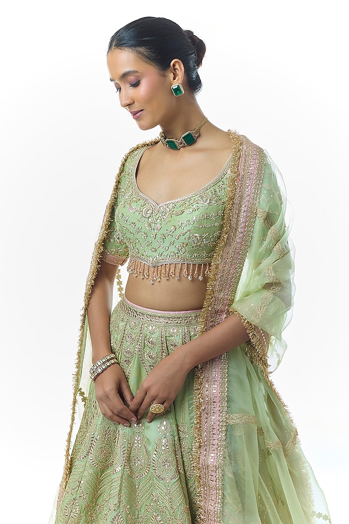 Pista Green Tussar Hand Embroidered Bridal Lehenga Set by Gopi Vaid at Pernia's Pop Up Shop