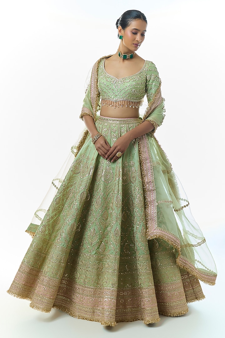 Pista Green Tussar Hand Embroidered Bridal Lehenga Set by Gopi Vaid at Pernia's Pop Up Shop