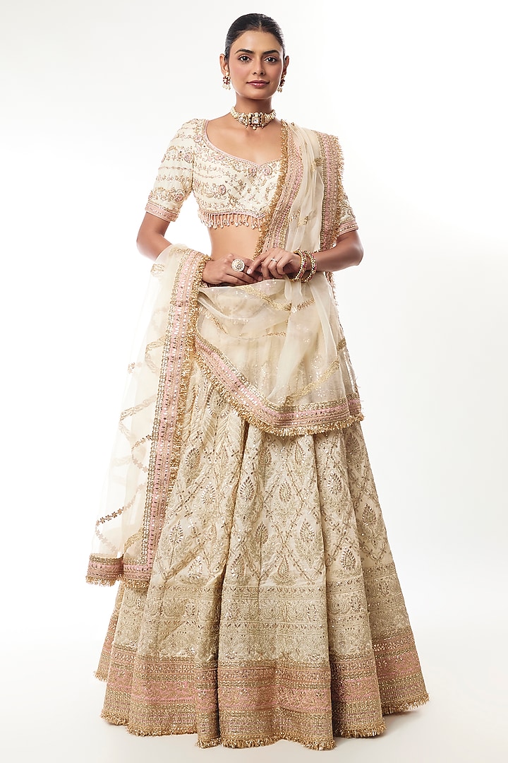 Ivory Tussar Zari & Sequin Embroidered Bridal Lehenga Set by GOPI VAID at Pernia's Pop Up Shop