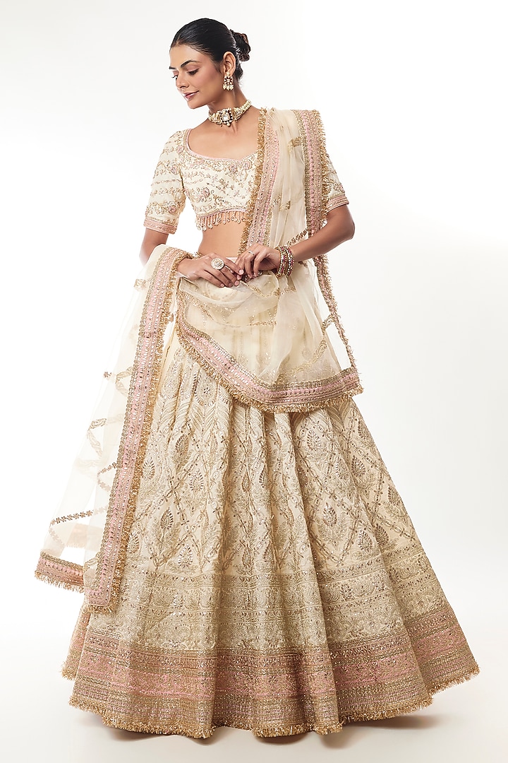 Ivory Tussar Zari & Sequin Embroidered Bridal Lehenga Set by GOPI VAID at Pernia's Pop Up Shop