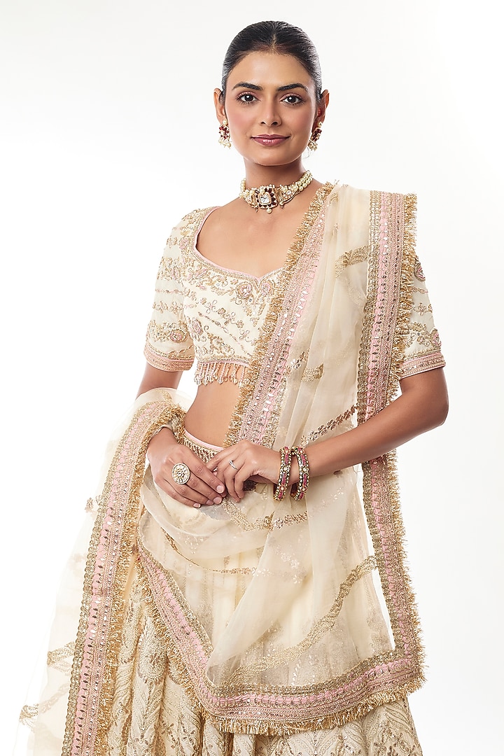 Ivory Tussar Zari & Sequin Embroidered Bridal Lehenga Set by GOPI VAID at Pernia's Pop Up Shop