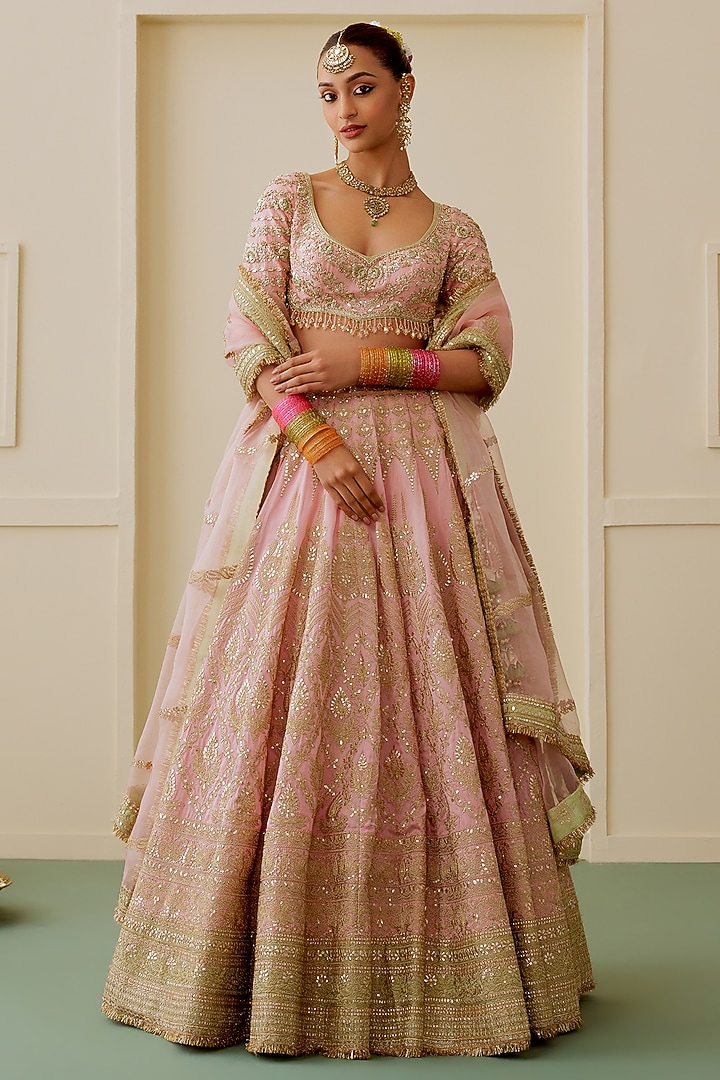 Rose Pink Tussar Zari & Sequin Embellished Bridal Bridal Lehenga Set by GOPI VAID at Pernia's Pop Up Shop