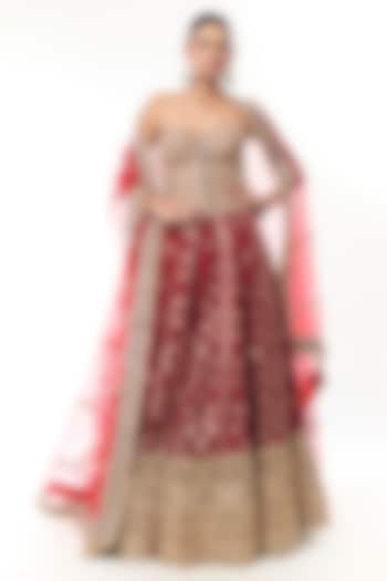 Red Tussar Gold Embroidered Bridal Lehenga Set by GOPI VAID at Pernia's Pop Up Shop