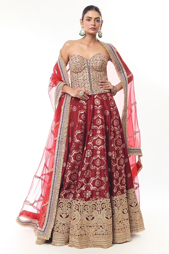 Red Tussar Gold Embroidered Bridal Lehenga Set by GOPI VAID at Pernia's Pop Up Shop