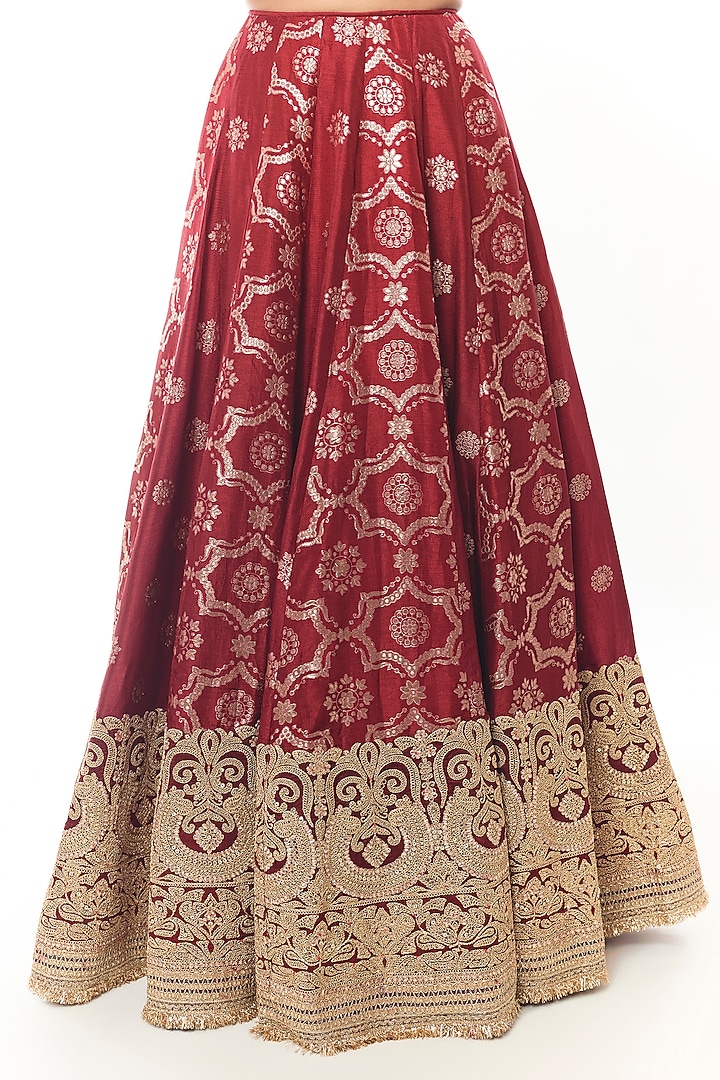 Red Tussar Gold Embroidered Bridal Lehenga Set by GOPI VAID at Pernia's Pop Up Shop