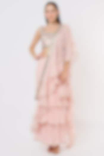 Pink Chiffon Frilled Saree Set by GOPI VAID