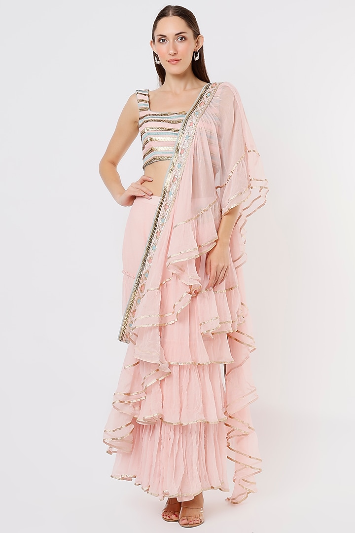 Pink Chiffon Frilled Wedding Saree Set by GOPI VAID at Pernia's Pop Up Shop