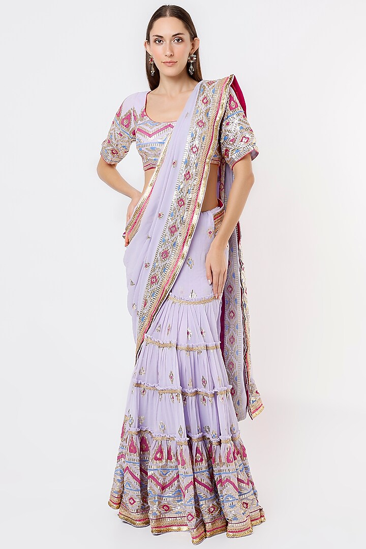Lilac Georgette Embroidered Wedding Saree Set by GOPI VAID at Pernia's Pop Up Shop