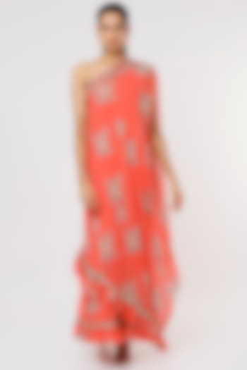 Coral Georgette Printed Gown by GOPI VAID at Pernia's Pop Up Shop