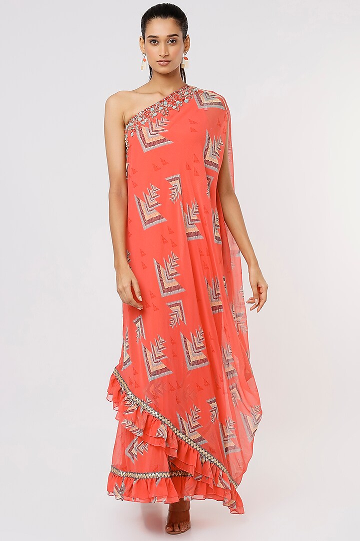 Coral Georgette Printed Gown by GOPI VAID at Pernia's Pop Up Shop