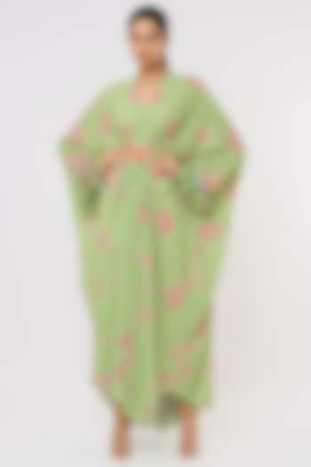 Green Printed Draped Kaftan by GOPI VAID at Pernia's Pop Up Shop