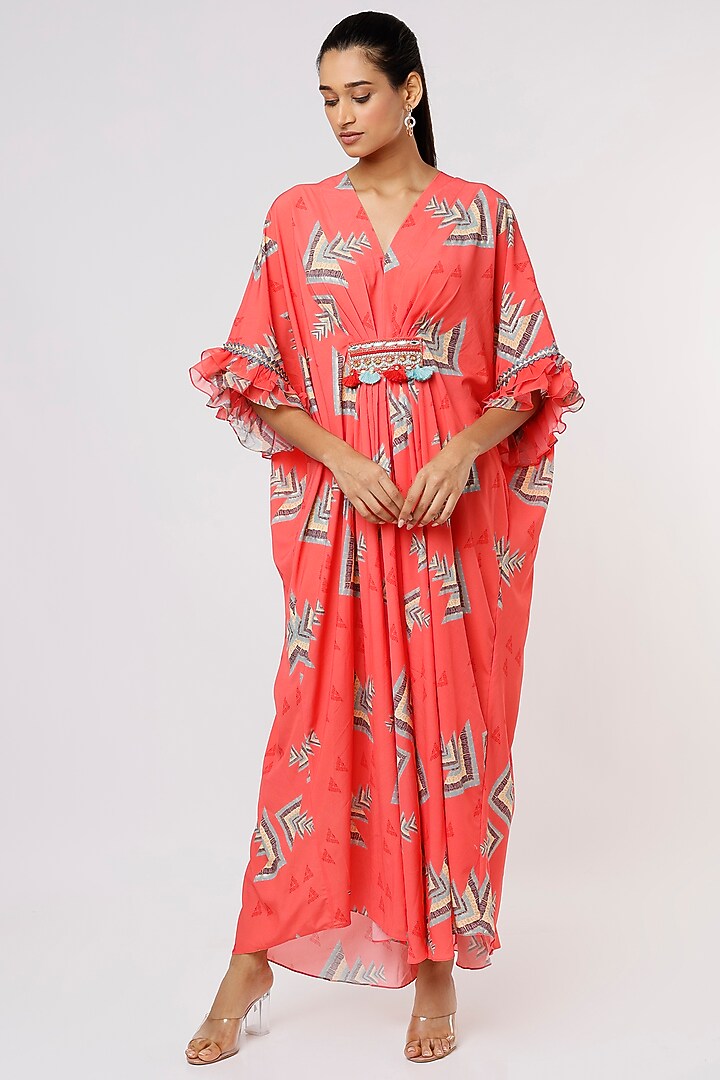 Coral Printed Draped Kaftan by GOPI VAID at Pernia's Pop Up Shop