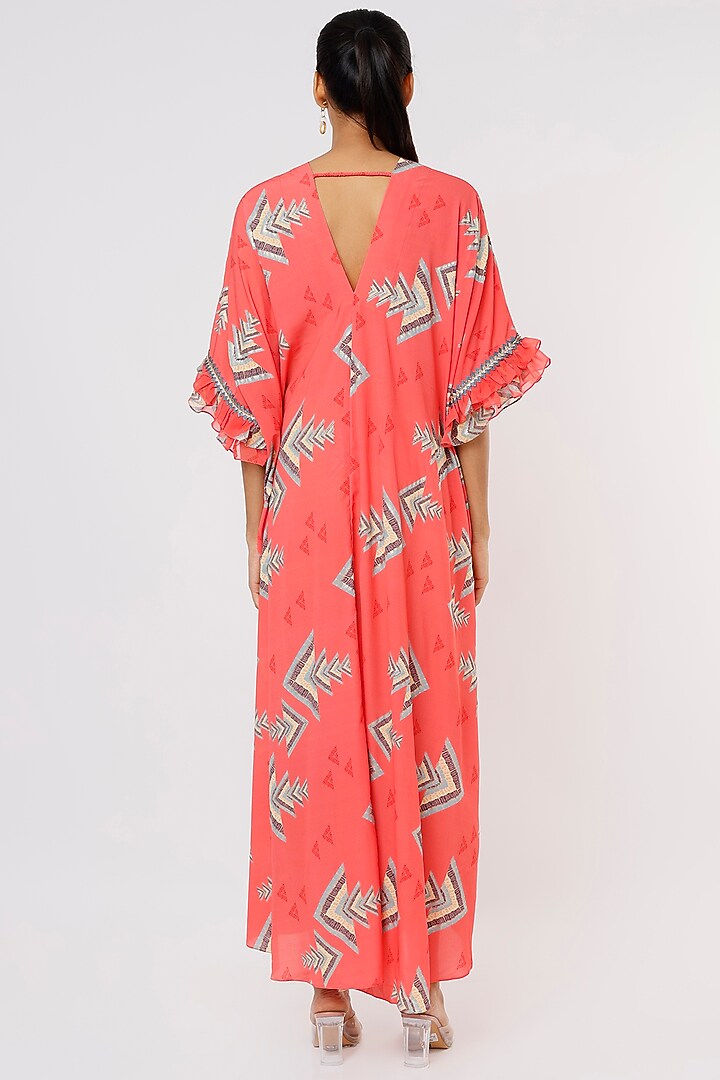 Coral Printed Draped Kaftan by GOPI VAID at Pernia's Pop Up Shop