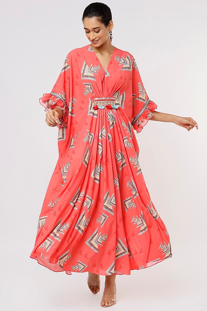 Coral Printed Draped Kaftan by GOPI VAID at Pernia's Pop Up Shop