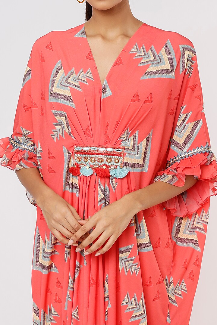 Coral Printed Draped Kaftan by GOPI VAID at Pernia's Pop Up Shop