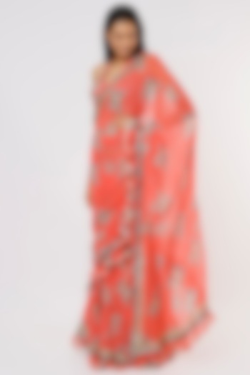 Coral Georgette Printed Wedding Saree Set by GOPI VAID at Pernia's Pop Up Shop