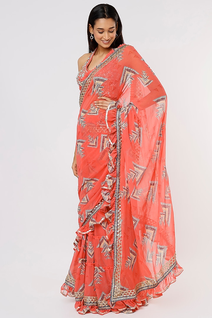 Coral Georgette Printed Wedding Saree Set by GOPI VAID at Pernia's Pop Up Shop