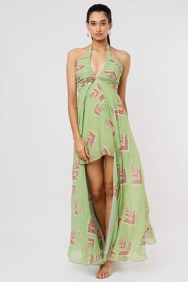 Green Georgette Printed Vacation Dress by GOPI VAID at Pernia's Pop Up Shop