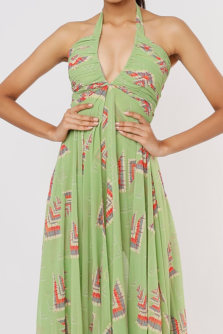 Green Georgette Printed Vacation Dress by GOPI VAID at Pernia's Pop Up Shop