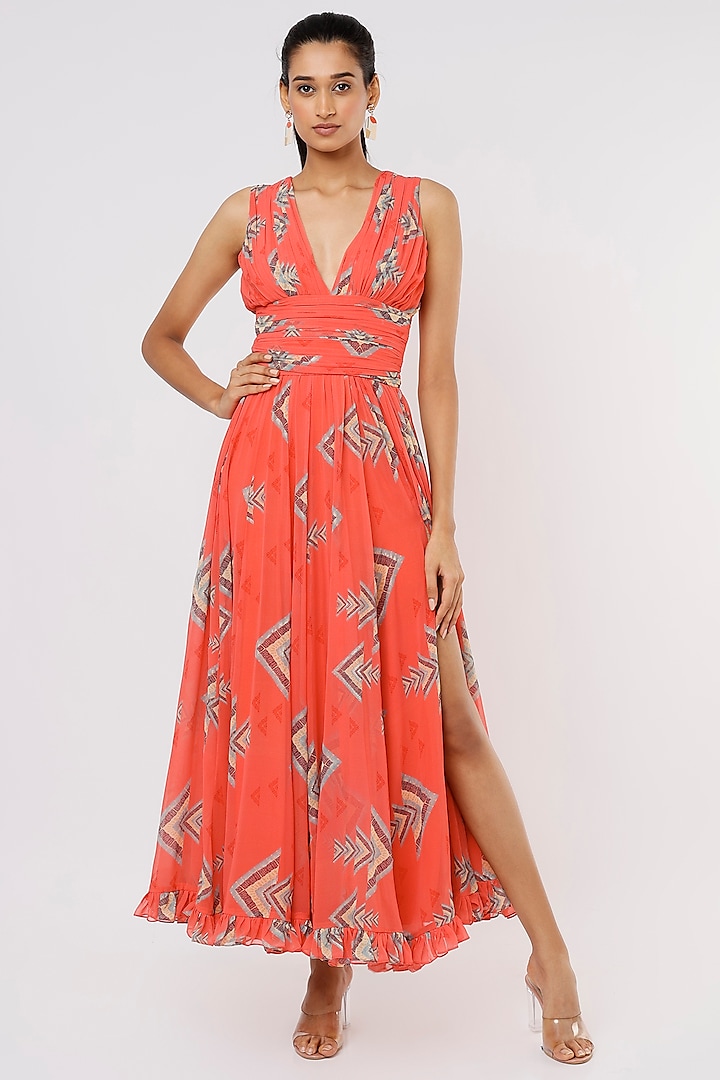 Coral Georgette Printed Dress by GOPI VAID