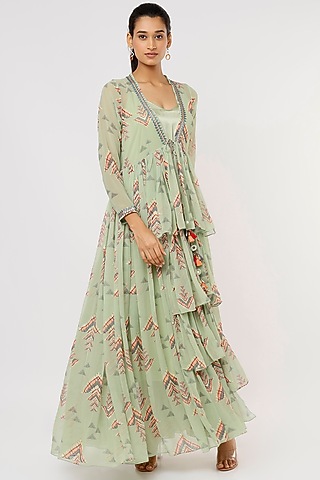 Green Crepe Printed Jacket Dress by GOPI VAID