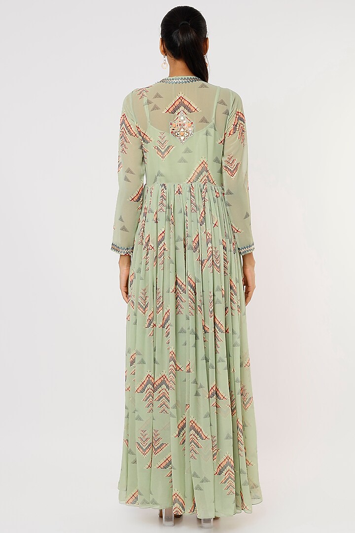 Green Crepe Printed Jacket Vacation Dress by GOPI VAID at Pernia's Pop Up Shop
